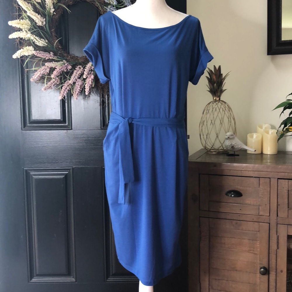 Prettygarden Blue short sleeve sheath belted dress